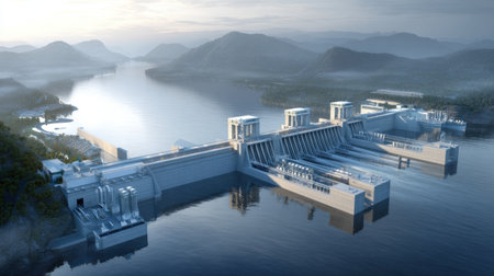 A stunning aerial view of a modern hydroelectric dam nestled amidst serene mountains and calm waters at sunrise, showcasing engineering and natural beauty.の素材