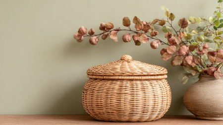 A beautifully woven basket adorned with a lid rests on a wooden table, accompanied by dried plants against a soft green wall, creating a tranquil atmosphere.の素材