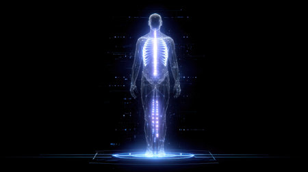 This digital illustration showcases a 3D model of human anatomy, highlighting the skeleton and nervous system in a captivating blue light. Perfect for educational and medical applications.の素材