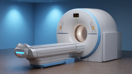 This image showcases a state-of-the-art magnetic resonance imaging machine in a bright, clean clinical environment, highlighting advanced technology designed for accurate medical diagnostics.の素材