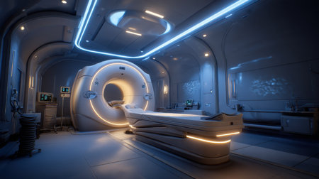 An advanced medical imaging room equipped with a state-of-the-art MRI machine, highlighted by modern design and ambient lighting. The sleek interior emphasizes a sterile and technologically advanced environment ideal for healthcare professionals and patient comfort.の素材
