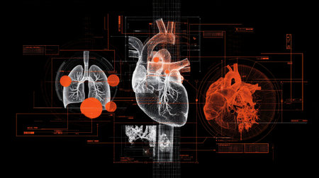 This captivating digital illustration showcases the intricate structure of the human heart with advanced 3D rendering, vibrant colors, and technical designs.の素材