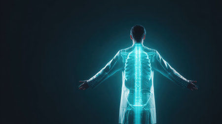 A medical professional stands with arms outstretched, showcasing a digital visualization of the spine, emphasizing technological advancements in healthcare.の素材