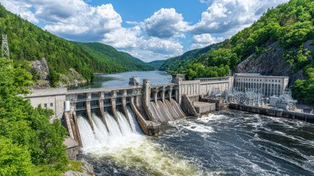 Beautiful landscape showcasing a hydroelectric dam against a backdrop of vibrant green mountains under a clear blue sky, illustrating renewable energy.の素材