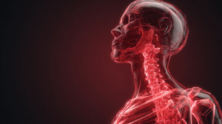 This striking illustration features a transparent view of human anatomy highlighting the skeletal system and muscles. The red tones emphasize structural details against a dark background, making it perfect for educational purposes.の素材