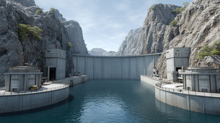This stunning image captures a hydroelectric dam nestled between towering rocky mountains, showcasing the interplay of man-made structure and nature.の素材