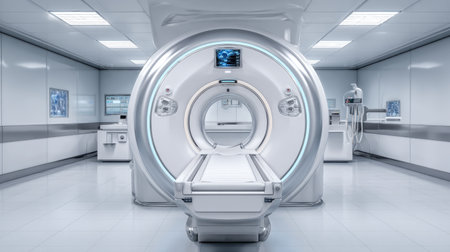 A sleek and modern MRI scanner housed in a bright and sterile medical imaging room, showcasing advanced technology designed for patient diagnostics and care.の素材