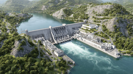 This stunning aerial view showcases a large hydroelectric dam nestled between lush green mountains and clear blue waters, highlighting renewable energy production.の素材