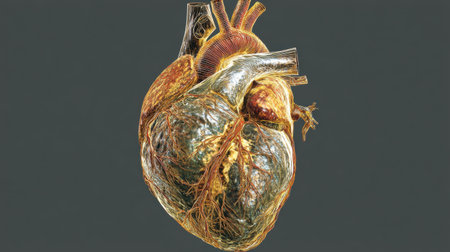 This detailed illustration showcases the human heart, highlighting its anatomical features and vascular structure. Ideal for educational and medical use.の素材