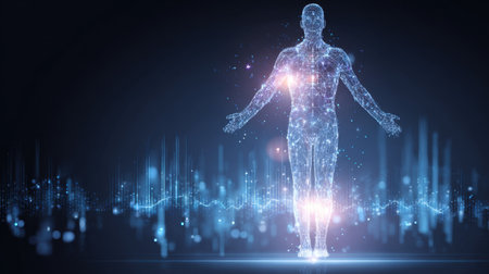 This captivating image showcases a futuristic human figure made of glowing particles and digital elements against a dark background, symbolizing technology and wellness.の素材