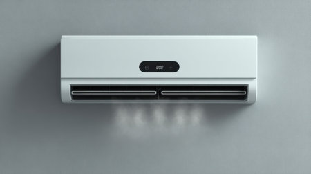 This image showcases a sleek, modern air conditioning unit installed on a light gray wall, featuring a digital temperature display. Ideal for home comfort.の素材