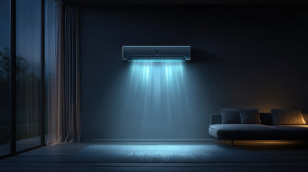 A sleek air conditioner emits soothing blue light in a minimalist living room. The design promotes a tranquil ambiance, ideal for relaxation and comfort.の素材