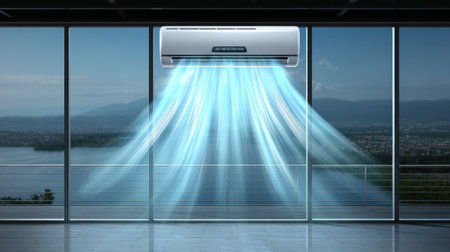 This image captures a sleek, modern air conditioner mounted in a stylish living space, showcasing cool air flowing into a bright room with a stunning scenery.の素材