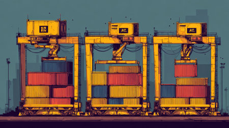 Vibrant industrial scene showcasing cranes efficiently stacking colorful cargo containers at a busy shipping yard with an urban skyline background.の素材