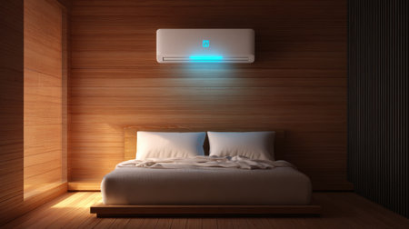 A serene modern bedroom showcasing a minimalist wooden design featuring a stylish bed and an air conditioning unit, creating a tranquil environment for relaxation.の素材