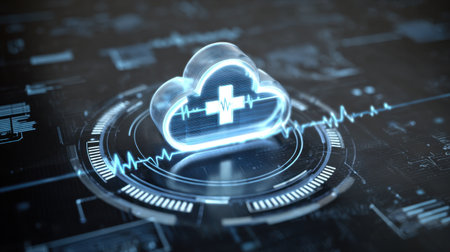 A modern representation of cloud-based health monitoring featuring a heartbeat line and a medical cross symbol, illustrating the future of healthcare technology.の素材