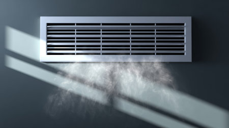 A modern ventilation system featuring an air vent releasing steam on a dark wall background. This image represents technology in indoor air management and comfort.の素材