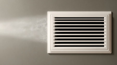 This image features a wall air vent releasing a steady flow of air, showcasing modern interior design elements and neutral tones in a living space.の素材