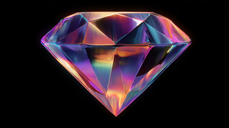 A stunning 3D render of a vibrant, colorful diamond that glimmers against a sleek black background, showcasing intricate light reflections and brilliance.の素材