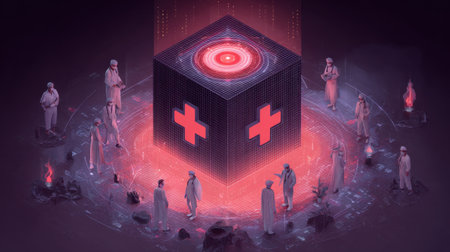This intriguing digital artwork features a luminous cube at the center, surrounded by mysterious figures in a sci-fi landscape. The piece highlights themes of healthcare and modern technology, inviting viewers to explore the transformative intersection of science and innovation.の素材