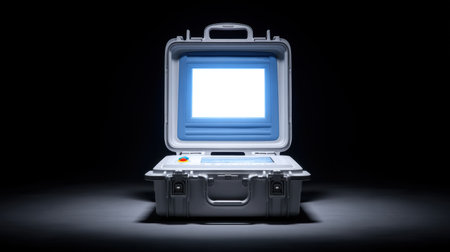 This image features a professional equipment case with an illuminated display screen, set against a dark background, emphasizing innovation and usability.の素材