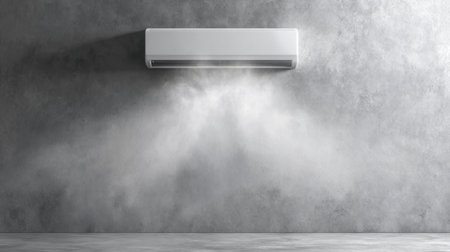 This image showcases a modern air conditioner mounted on a concrete wall, seamlessly blending functionality with minimalist design. The unit emits a gentle mist to enhance indoor air quality and comfort.の素材