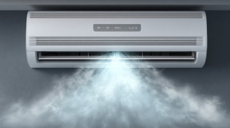 A sleek and modern air conditioning unit is installed in an indoor space, delivering refreshing cool air. The unit showcases contemporary design while efficiently regulating temperature and improving comfort.の素材