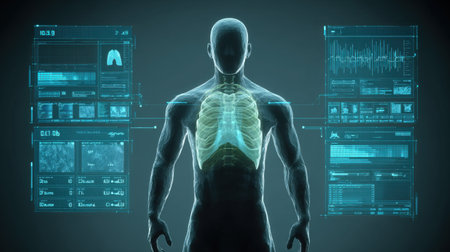 A digital representation of human anatomy showcases the lungs and vital signs with advanced data displays, illustrating modern medical technology and health innovation.の素材