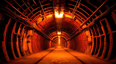 This image features a captivating underground tunnel, illuminated by soft orange lighting, revealing an intriguing blend of industrial design and abandonment.の素材