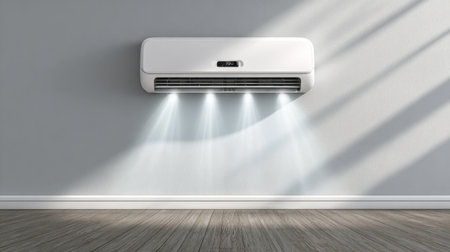 A sleek air conditioning unit mounted on a wall, designed for modern interiors. It provides efficient cooling with stylish ambiance, enhancing comfort in residential spaces.の素材