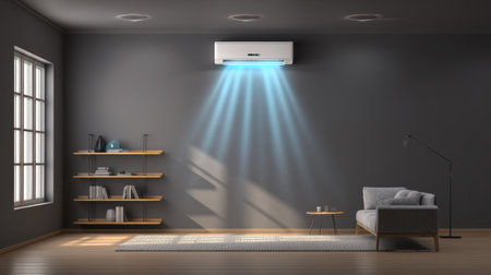 This image showcases a modern living room featuring an air conditioner, stylish furniture, and elegant decor. The space reflects a contemporary design aesthetic, with soft lighting creating a cozy atmosphere.の素材