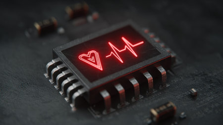A futuristic representation of a heartbeat monitor displayed on a microchip, featuring a glowing red heart and pulse wave. This image symbolizes modern health technology and digital diagnostics.の素材