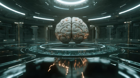 A stunning 3D representation of a brain in a futuristic digital environment, featuring glowing circuitry and neon accents that evoke themes of technology and innovation.の素材