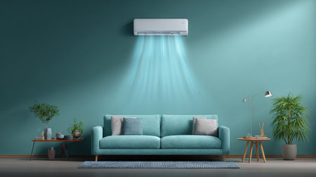 A stylish living room featuring a comfortable couch paired with an air conditioner on a serene blue wall. The decor creates a calming atmosphere with indoor plants and soft lighting, perfect for relaxation and leisure.の素材
