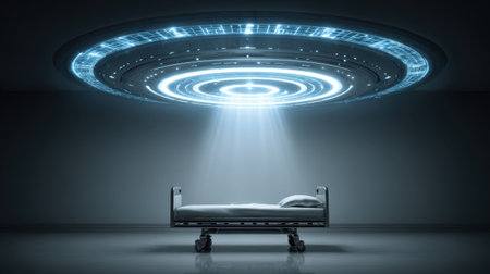 A futuristic hospital bed illuminated by a mysterious light beam from an alien spaceship, creating an atmosphere of intrigue and modernity.の素材