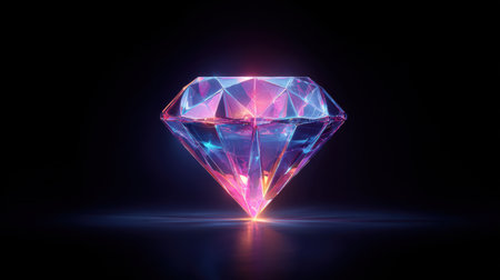 This stunning image captures a sparkling diamond in vibrant colors, reflecting light beautifully against a dark background. Ideal for projects on luxury and elegance.の素材