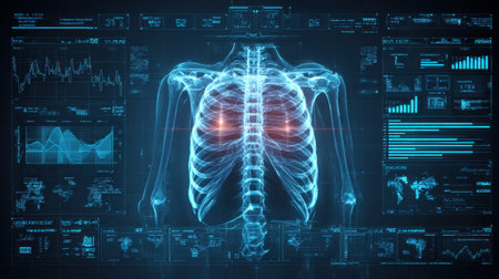 This image showcases advanced medical imaging technology depicting human lungs with data visualization overlays, highlighting diagnostic capabilities and insights.の素材