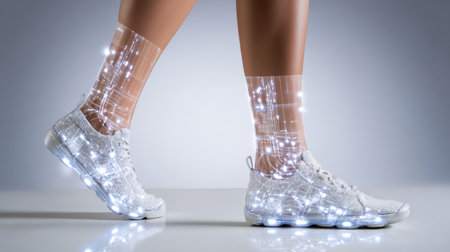 Showcasing bright futuristic sneakers featuring a glow effect and sparkling light trails, this image captures dynamic movement against a minimalist background.の素材