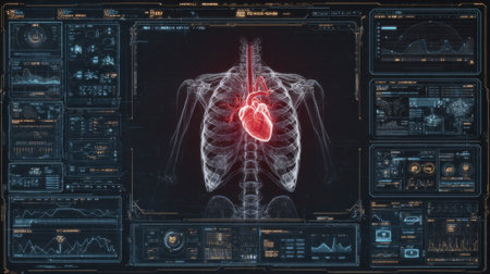 This detailed digital image showcases an anatomical representation of the human heart within a complex medical interface, ideal for healthcare education and research.の素材