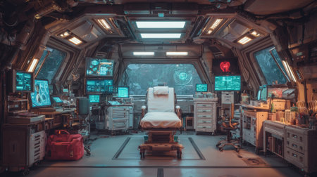 Explore a detailed futuristic medical lab featuring advanced technology and scientific equipment, designed for research and healthcare in a sci-fi environment.の素材