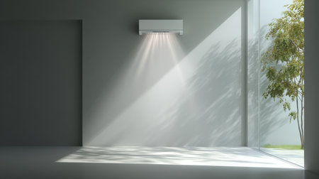 A modern air conditioning unit is beautifully mounted in a minimalist interior space, featuring ample natural light and greenery. This design evokes comfort and style.の素材