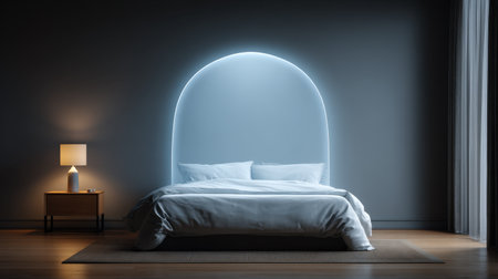 A stylish modern bedroom featuring a beautifully designed bed framed by soft ambient lighting. Ideal for showcasing contemporary interiors and relaxation themes.の素材