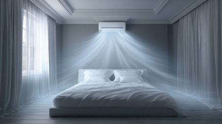 A serene bedroom interior showcasing a modern air conditioning unit above a neatly made bed. Soft light filters through flowing curtains, creating a tranquil atmosphere ideal for relaxation and comfort.の素材