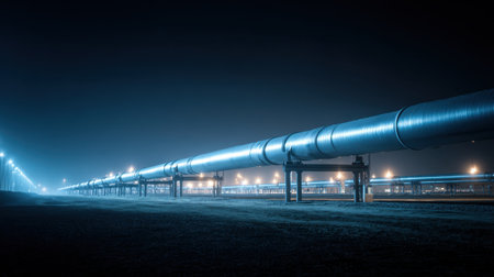 This captivating nighttime image captures an industrial pipeline illuminated by street lights, creating an atmospheric and dramatic urban landscape filled with fog.の素材