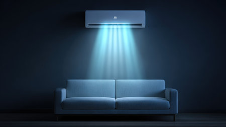 This image showcases a modern living room featuring a stylish blue sofa beneath an air conditioning unit. Cool beams of light illuminate the space, creating a refreshing atmosphere in a dark interior.の素材