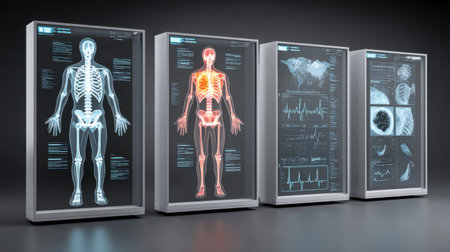 This image features advanced medical displays illustrating human anatomy and health data, set in a modern research environment emphasizing technology and science.の素材