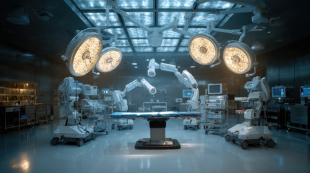 A high-tech surgical room featuring advanced medical equipment and robotic assistance, designed to optimize patient care and enhance surgical procedures.の素材