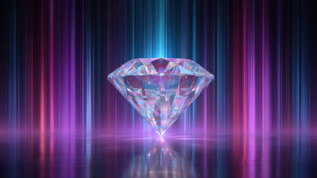 A mesmerizing crystal diamond shines brilliantly in a colorful backdrop of vibrant light rays. This stunning visual captures elegance, luxury, and beauty, perfect for high-end projects.の素材