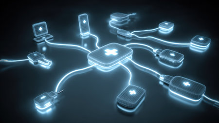 This striking digital illustration depicts futuristic healthcare connectivity with glowing electronic devices and medical symbols, emphasizing innovation.の素材