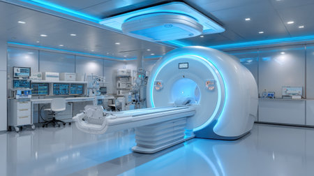 Explore a state-of-the-art medical imaging room equipped with a sleek MRI machine, illuminating the future of diagnostic healthcare technology.の素材